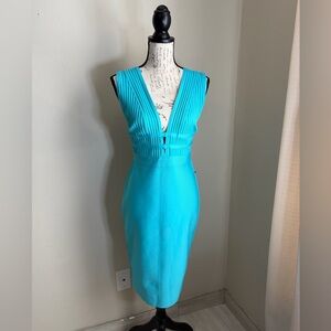 VENUS Turquoise Deep-V Backless Ribbed Sheath Dress